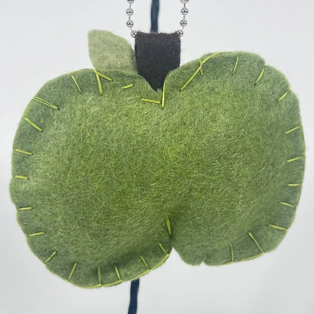 Handmade Felt Green Apple Keychain Cottagecore Plush Bag Charm Button Detail